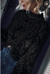 Sexy lace blouse white fashion full sleeve blusa feminina ladies tops vintage sexy lace shirt vetidos mujer spring new Aiertu