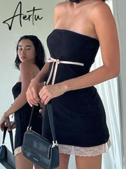 Sexy Lace Bow Off-shoulder Black Mini Dress for Women Summer Tube Dress Party Club Backless Slim Female Outfit Aiertu