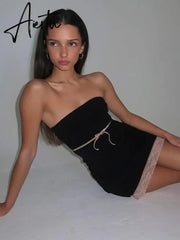 Sexy Lace Bow Off-shoulder Black Mini Dress for Women Summer Tube Dress Party Club Backless Slim Female Outfit Aiertu