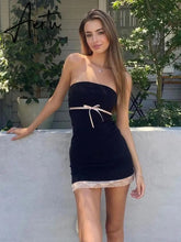 Sexy Lace Bow Off-shoulder Black Mini Dress for Women Summer Tube Dress Party Club Backless Slim Female Outfit Aiertu