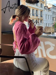Sexy Lace-up Backless Knit Women's Sweater Autumn O-neck Long Sleeve Crop Top Knitwear Female Chic Y2K Streetwear Pullover Aiertu