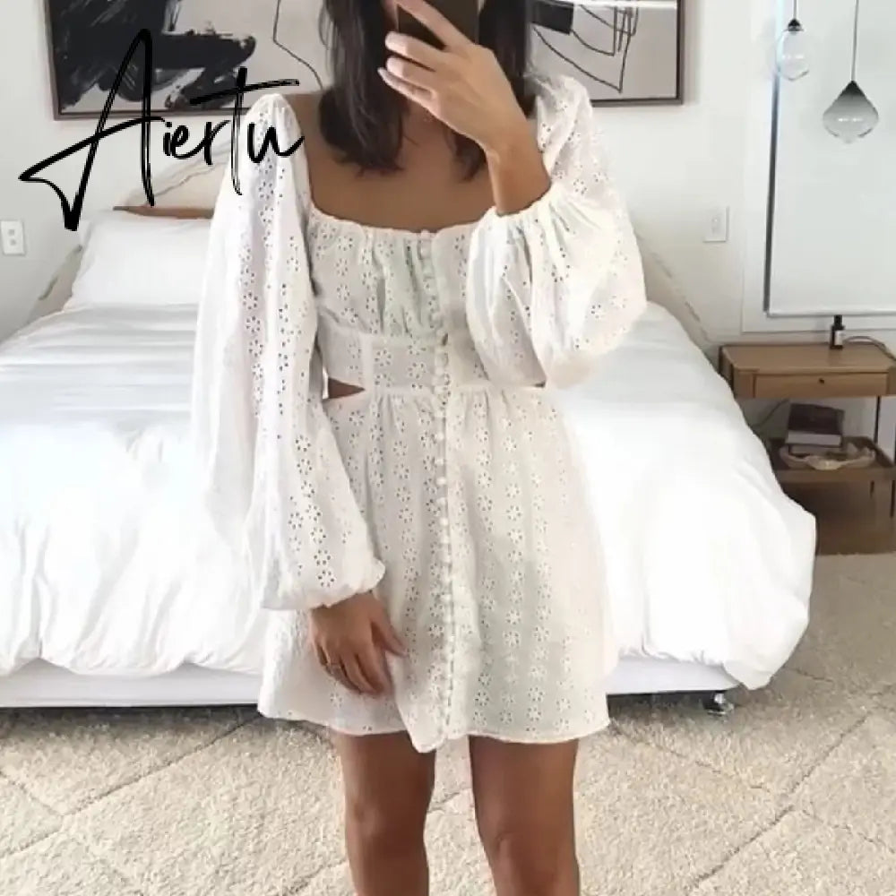 Sexy Lantern Sleeve Hollow Out Embroidery White Cross Elastic Rope Backless Mini Dress BOHO Slit Back Woman Holiday Robe Aiertu