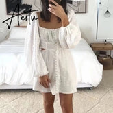 Sexy Lantern Sleeve Hollow Out Embroidery White Cross Elastic Rope Backless Mini Dress BOHO Slit Back Woman Holiday Robe Aiertu