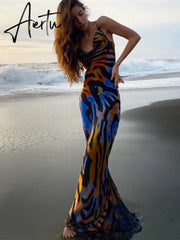 Sexy Off Shoulder Print Summer Long Dress Women Backless Bandage Beach Dresses Female Casual Party Boho Vestidos Aiertu