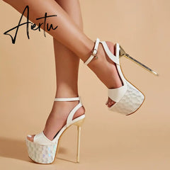 Sexy Party Nightclub Stripper Women 17CM Sandals Black White Leather Summer Open Toe Buckle Strap High Heels Platform Shoe Aiertu