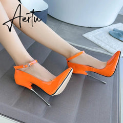 Sexy Patent Leather Fetishism Solid Pumps Metal Heel Women'S Shoes Pointy Stiletto 16 CM Super High Heels Sandals Large Size 46 Aiertu