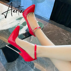 Sexy Patent Leather Fetishism Solid Pumps Metal Heel Women'S Shoes Pointy Stiletto 16 CM Super High Heels Sandals Large Size 46 Aiertu