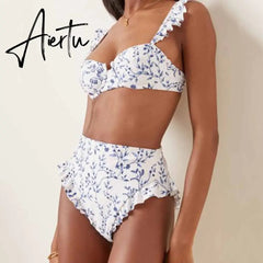 Sexy Printed Bikini Ruffle Swimsuit Two-piece Push Up High Waist Swimwear Triangle Swimming Biquini Beach Dress Summer Beachwear Aiertu