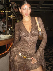 Sexy See Through V-neck Longsleeve Lace Mini Dress Women Summer Skinny Hollow Out Dresses Club Party Clothes Aiertu