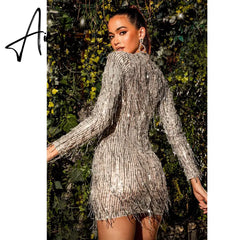 Sexy Sequin Women Party Dresses Fall Long Sleeve Round Collar Mini Dress Female Elegant Club Evening Vestido Wholesale Aiertu