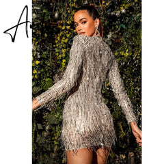Sexy Sequin Women Party Dresses Fall Long Sleeve Round Collar Mini Dress Female Elegant Club Evening Vestido Wholesale Aiertu