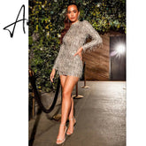 Sexy Sequin Women Party Dresses Fall Long Sleeve Round Collar Mini Dress Female Elegant Club Evening Vestido Wholesale Aiertu