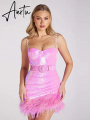 Sexy Sequins Feather Pleated Mini Dresses With Belt Women Backless V Neck Sleeveless Slim Vestidos Summer Night Club Party Robe Aiertu