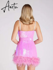 Sexy Sequins Feather Pleated Mini Dresses With Belt Women Backless V Neck Sleeveless Slim Vestidos Summer Night Club Party Robe Aiertu