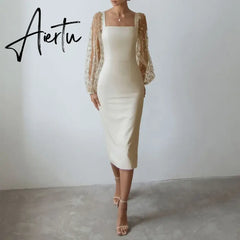 Sexy Sheer Lantern Sleeve Long Dress Fashion Patchwork Embroidery Mesh Party Dress Women Casual Square Collar Slim Bodycon Dress Aiertu