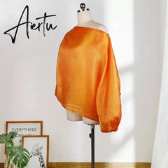 Sexy Shirts Skew Collar Lantern Long Sleeve Orange Loose Fashion Elegant For Evening Night Party Dinner Tops Blouse Summer Cloth Aiertu