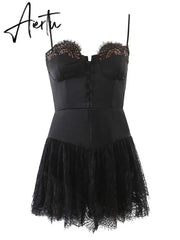 Sexy Solid White Stitching Lace Bra Corset style Spaghetti Strap Mini Dress Women Backless Party Skater Short Sling Robe Aiertu