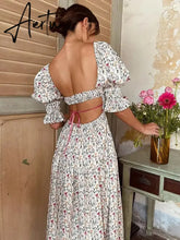 Sexy Square Collar Slit Printed Backless Dress Hollow Out Puff Sleeve Beach Dress for Women New Floral Robe Holiday Aiertu