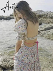 Sexy Square Collar Slit Printed Backless Dress Hollow Out Puff Sleeve Beach Dress for Women New Floral Robe Holiday Aiertu