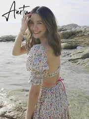 Sexy Square Collar Slit Printed Backless Dress Hollow Out Puff Sleeve Beach Dress for Women New Floral Robe Holiday Aiertu
