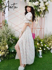 Sexy Square Collar Slit Printed Backless Dress Hollow Out Puff Sleeve Beach Dress for Women New Floral Robe Holiday Aiertu