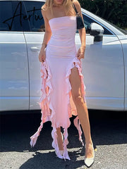 Sexy Strapless Off Shoulder Midi Dress Women Ruffles Split Beach Dress Summer Slim Fit Party Female Aiertu