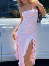 Sexy Strapless Off Shoulder Midi Dress Women Ruffles Split Beach Dress Summer Slim Fit Party Female Aiertu