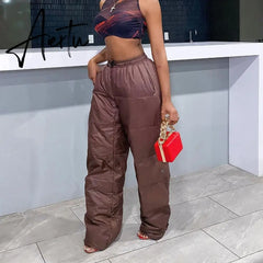 Sexy Streetwear Brown Wide Leg Pant Cargo Woman Cotton Padded Trouser Women Casual Warm Pants Autumn Winter Aiertu