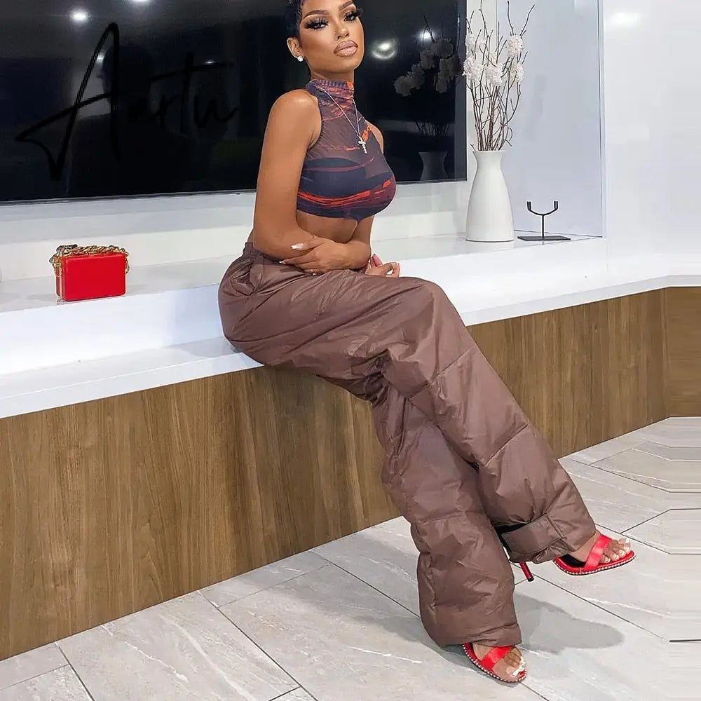 Sexy Streetwear Brown Wide Leg Pant Cargo Woman Cotton Padded Trouser Women Casual Warm Pants Autumn Winter Aiertu
