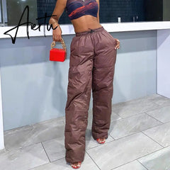 Sexy Streetwear Brown Wide Leg Pant Cargo Woman Cotton Padded Trouser Women Casual Warm Pants Autumn Winter Aiertu