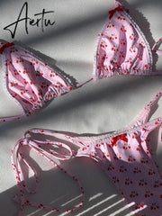 Sexy Swimsuit Triangle Bikinis Cherry Print Bikini Set Female Swimwear Women Bow Bathing Suits Lace Beachwear Micro Thong Biquin Aiertu