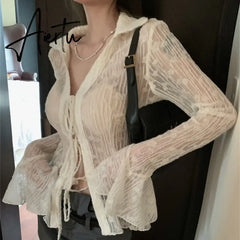 Sexy Transparent Blouse Women Lace Korean Fashion Harajuku Long Sleeve See Through Black Goth Slim Shirts Y2k Aesthetic Aiertu