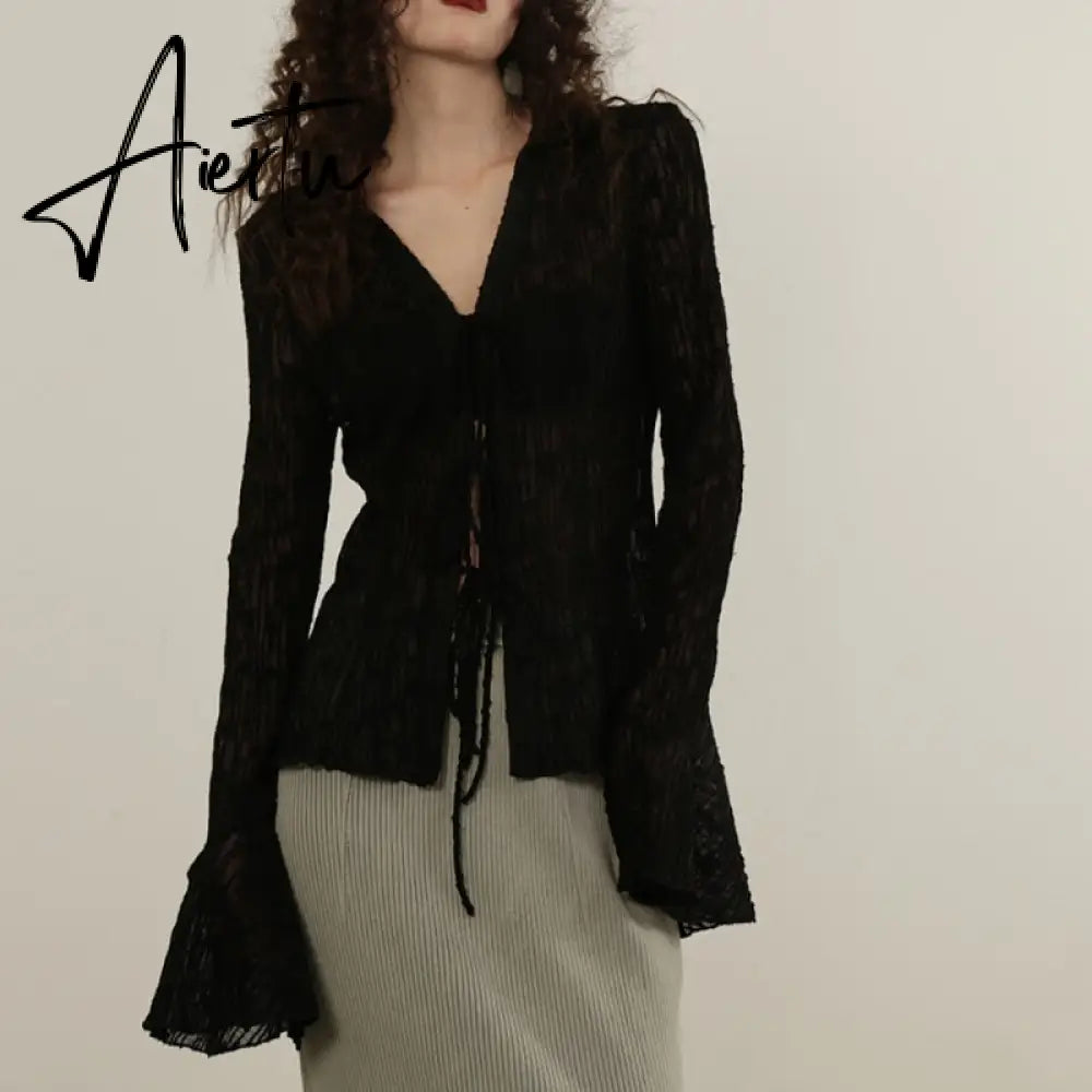 Sexy Transparent Blouse Women Lace Korean Fashion Harajuku Long Sleeve See Through Black Goth Slim Shirts Y2k Aesthetic Aiertu