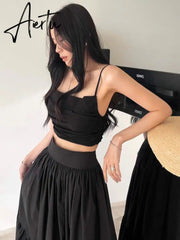 Sexy Two Piece Set Skirt Women French Style V-neck Slim Fit Short Camisole Tank Top High Waist Large Swing Ruched Skirt Suit Aiertu