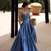 Sexy Two Piece Set Skirt Women French Style V-neck Slim Fit Short Camisole Tank Top High Waist Large Swing Ruched Skirt Suit Aiertu