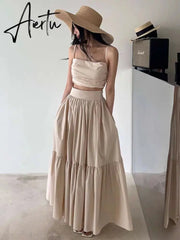 Sexy Two Piece Set Skirt Women French Style V-neck Slim Fit Short Camisole Tank Top High Waist Large Swing Ruched Skirt Suit Aiertu