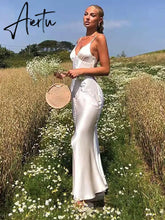 Sexy V-Neck Backless Split Maxi Dress Sleeveless Solid Tunics Bodycon Vestido Pack Buttock Summer Evening Dresses Women Aiertu