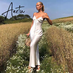 Sexy V-Neck Backless Split Maxi Dress Sleeveless Solid Tunics Bodycon Vestido Pack Buttock Summer Evening Dresses Women Aiertu