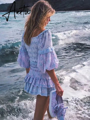 Sexy V neck Ruffle Package Hips Floral Print Lantern Long sleeve Dress Women Elastic Ruched Short Party Dresses Slim fit Vestido Aiertu