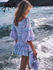 Sexy V neck Ruffle Package Hips Floral Print Lantern Long sleeve Dress Women Elastic Ruched Short Party Dresses Slim fit Vestido Aiertu