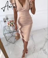 Sexy V-Neck Slim Office Lady Dress Ruffle Short Sleeve Bodycon Knee-length Dresses For Women Casual Summer Woman Work Dress Aiertu