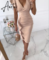 Sexy V-Neck Slim Office Lady Dress Ruffle Short Sleeve Bodycon Knee-length Dresses For Women Casual Summer Woman Work Dress Aiertu