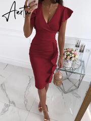 Sexy V-Neck Slim Office Lady Dress Ruffle Short Sleeve Bodycon Knee-length Dresses For Women Casual Summer Woman Work Dress Aiertu