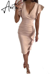 Sexy V-Neck Slim Office Lady Dress Ruffle Short Sleeve Bodycon Knee-length Dresses For Women Casual Summer Woman Work Dress Aiertu