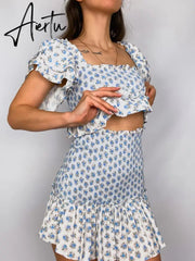 Sexy White Blue Flower Print Flare Sleeve Crop Top Women High Waist Ruffles Mini Skirt Elastic Ruched Corset 2 pieces 1 Set Aiertu