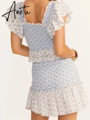 Sexy White Blue Flower Print Flare Sleeve Crop Top Women High Waist Ruffles Mini Skirt Elastic Ruched Corset 2 pieces 1 Set Aiertu