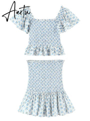 Sexy White Blue Flower Print Flare Sleeve Crop Top Women High Waist Ruffles Mini Skirt Elastic Ruched Corset 2 pieces 1 Set Aiertu