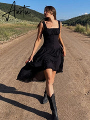 Sexy White Pleated Holiday Dress Woman Lace Up Square Collar Ruffles Female Dresses Elegant Button Sleeveless Beach Vestido Aiertu
