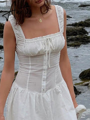 Sexy White Pleated Holiday Dress Woman Lace Up Square Collar Ruffles Female Dresses Elegant Button Sleeveless Beach Vestido Aiertu