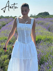 Sexy White Pleated Holiday Dress Woman Lace Up Square Collar Ruffles Female Dresses Elegant Button Sleeveless Beach Vestido Aiertu